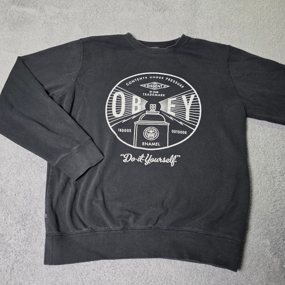 Obey Mens L Sweatshirt Black Graphic Do It Yourself Spray Can Crewneck Streetwer